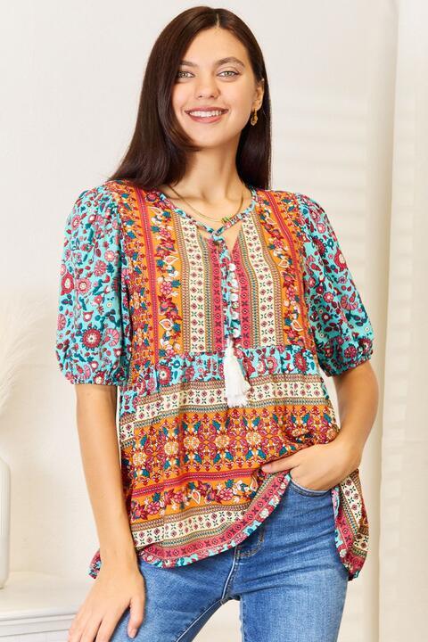 Get trendy with Bohemian Tassel Tie Babydoll Blouse - Tops available at Styles Code. Grab yours today!