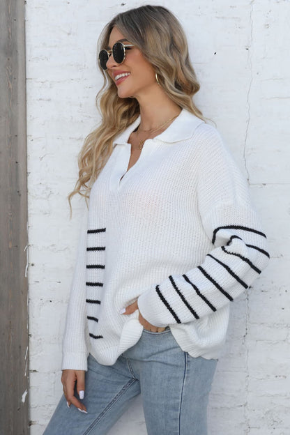 Get trendy with Ribbed Notched Neck Striped Long Sleeve Sweater - Sweater available at Styles Code. Grab yours today!