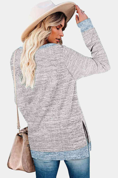 Get trendy with Round Neck Long Sleeve Slit T-Shirt - Shirt available at Styles Code. Grab yours today!