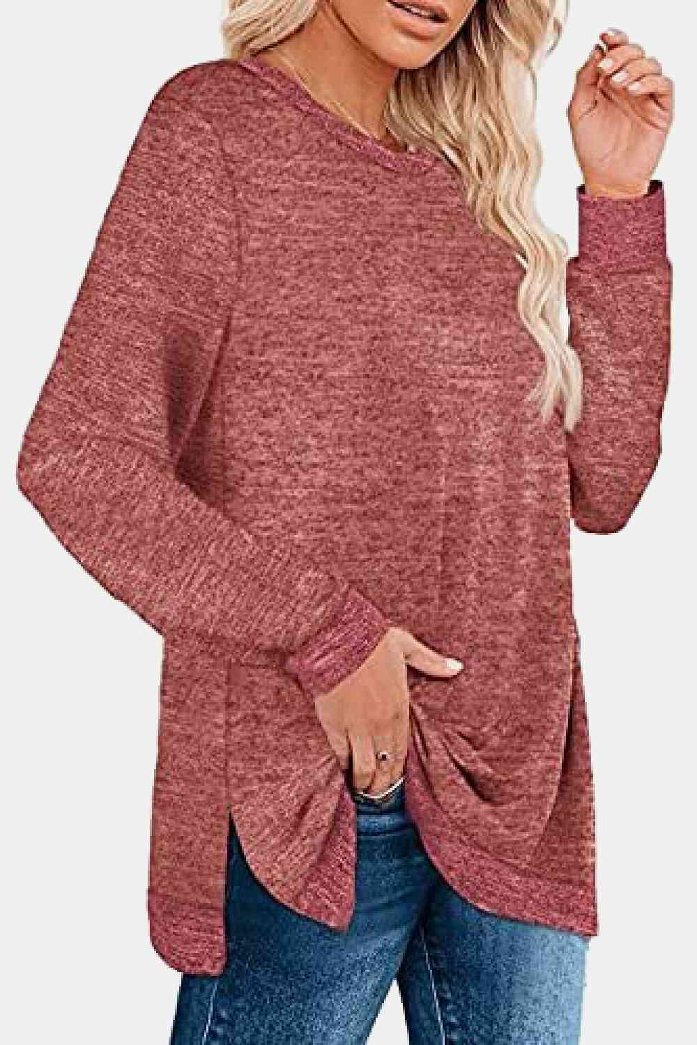 Get trendy with Round Neck Long Sleeve Slit T-Shirt - Shirt available at Styles Code. Grab yours today!