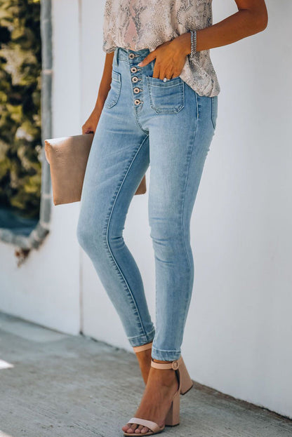 Get trendy with Button Fly Skinny Jeans with Pockets - Jeans available at Styles Code. Grab yours today!