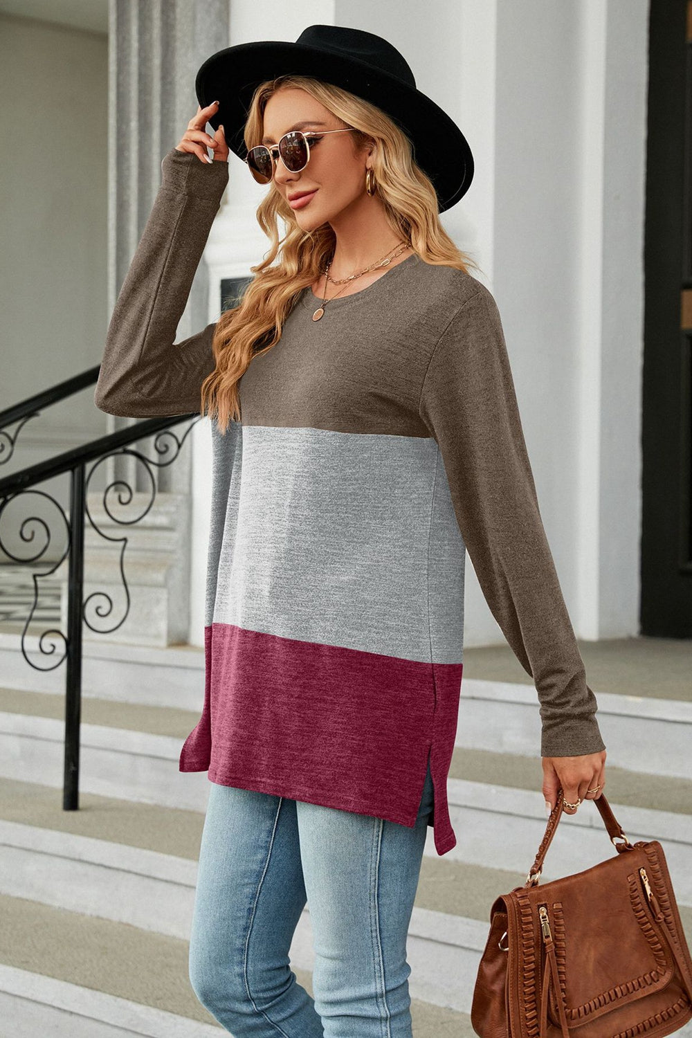 Get trendy with Color Block Round Neck Long Sleeve Slit T-Shirt - Tops available at Styles Code. Grab yours today!