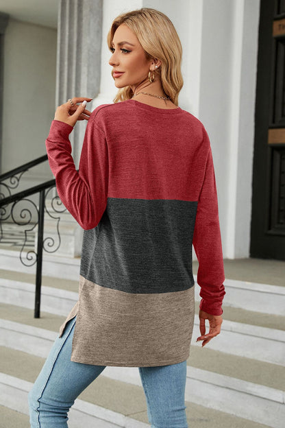 Get trendy with Color Block Round Neck Long Sleeve Slit T-Shirt - Tops available at Styles Code. Grab yours today!