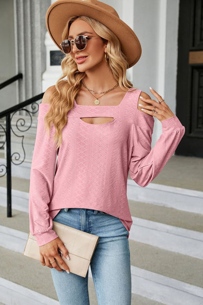 Get trendy with Cold Shoulder Square Neck Cutout Blouse - Tops available at Styles Code. Grab yours today!