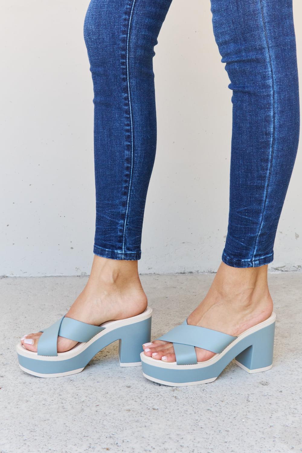 Get trendy with Weeboo Cherish The Moments Contrast Platform Sandals in Misty Blue - Shoes available at Styles Code. Grab yours today!