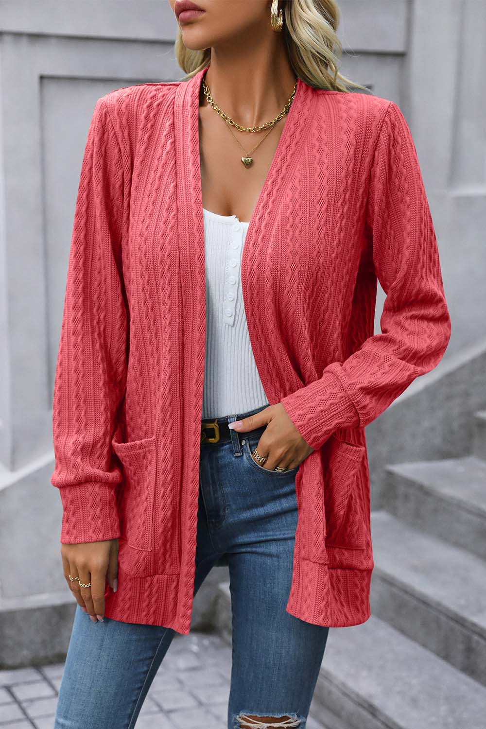 Get trendy with Cable-Knit Long Sleeve Cardigan with Pocket - Cardigans available at Styles Code. Grab yours today!