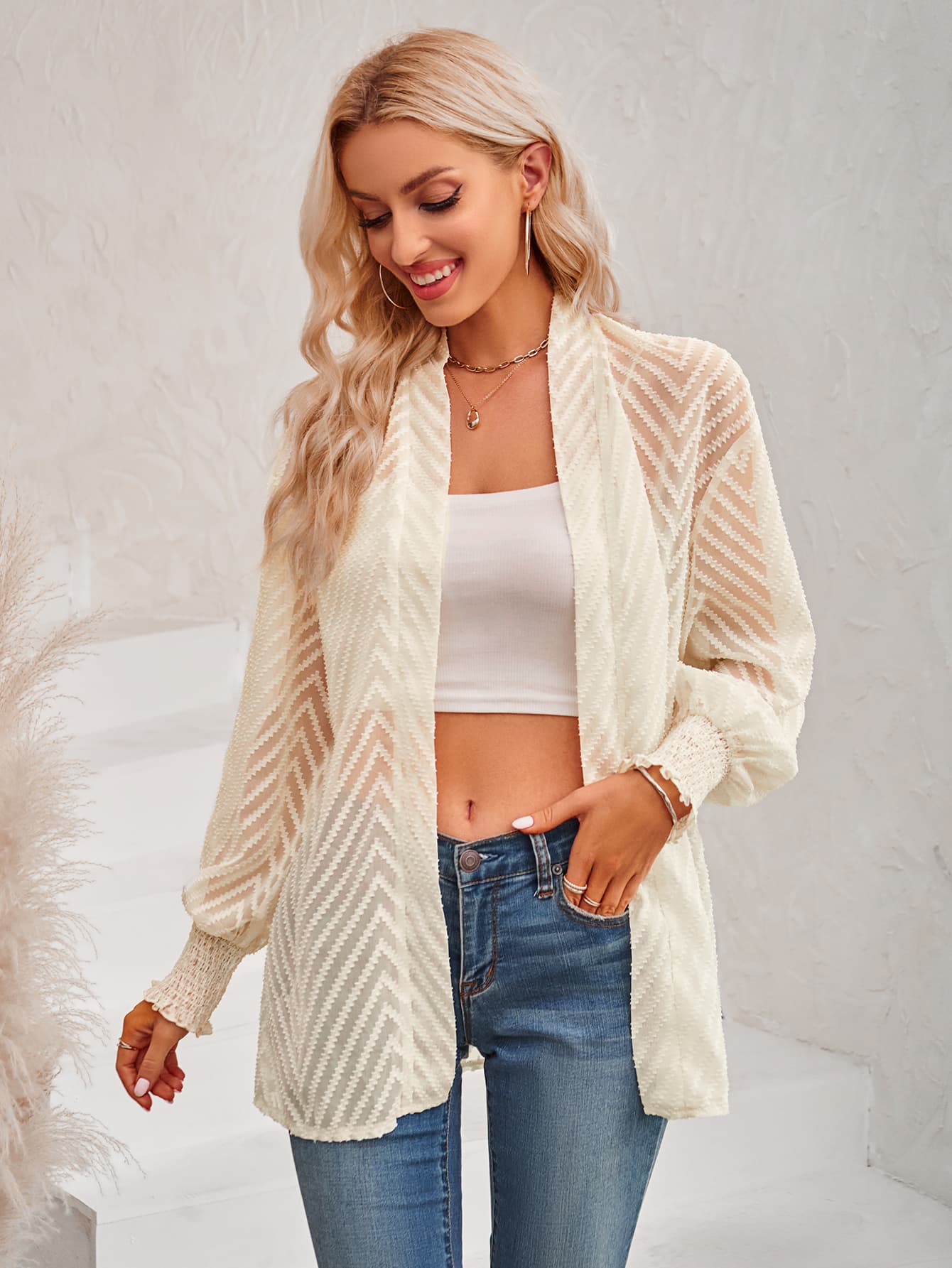 Get trendy with Lantern Sleeve Open Front Sheer Cardigan - Coats available at Styles Code. Grab yours today!