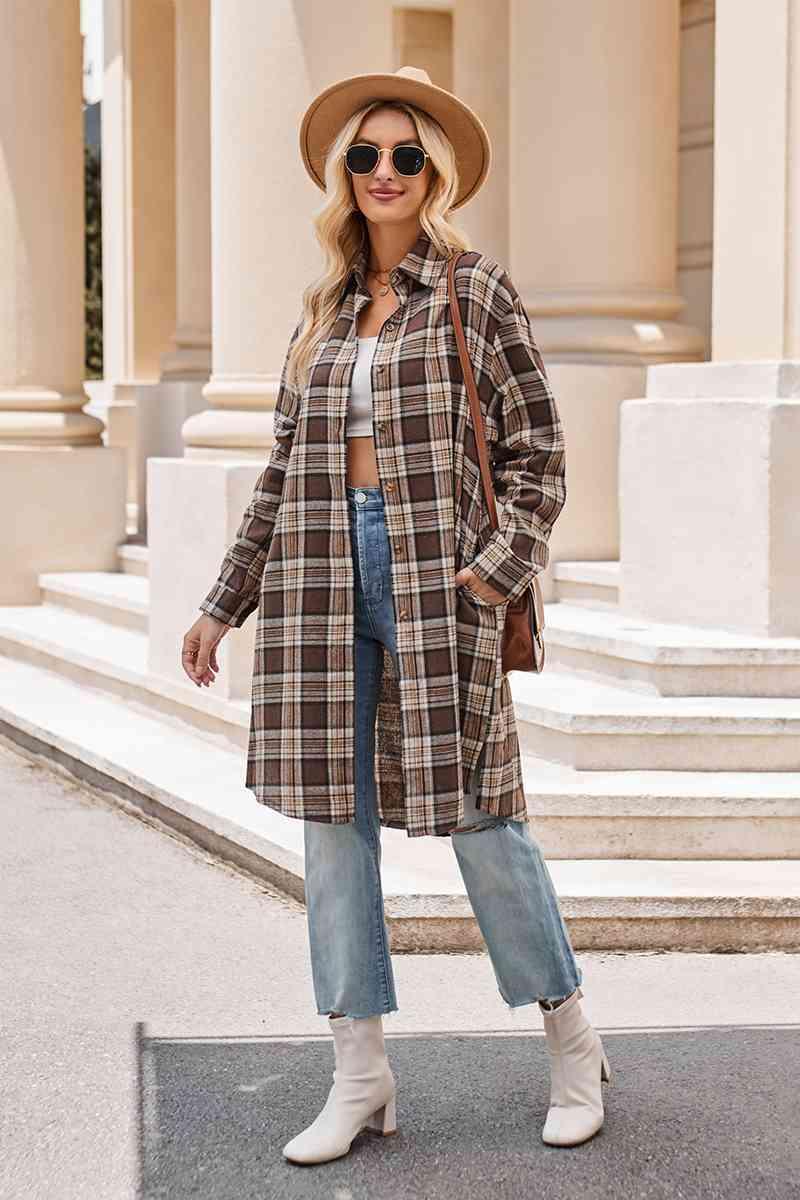 Get trendy with Plaid Collared Neck Long Sleeve Coat - Shirt available at Styles Code. Grab yours today!