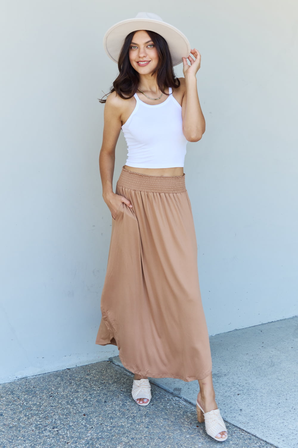 Get trendy with Doublju Comfort Princess Full Size High Waist Scoop Hem Maxi Skirt in Tan -  available at Styles Code. Grab yours today!