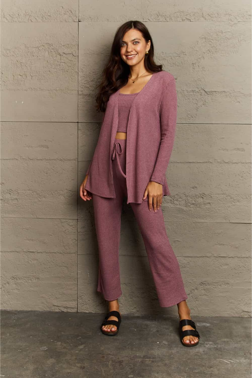 Get trendy with Ninexis Full Size Cropped Top, Long Pants and Cardigan Lounge Set - Two Piece Sets available at Styles Code. Grab yours today!