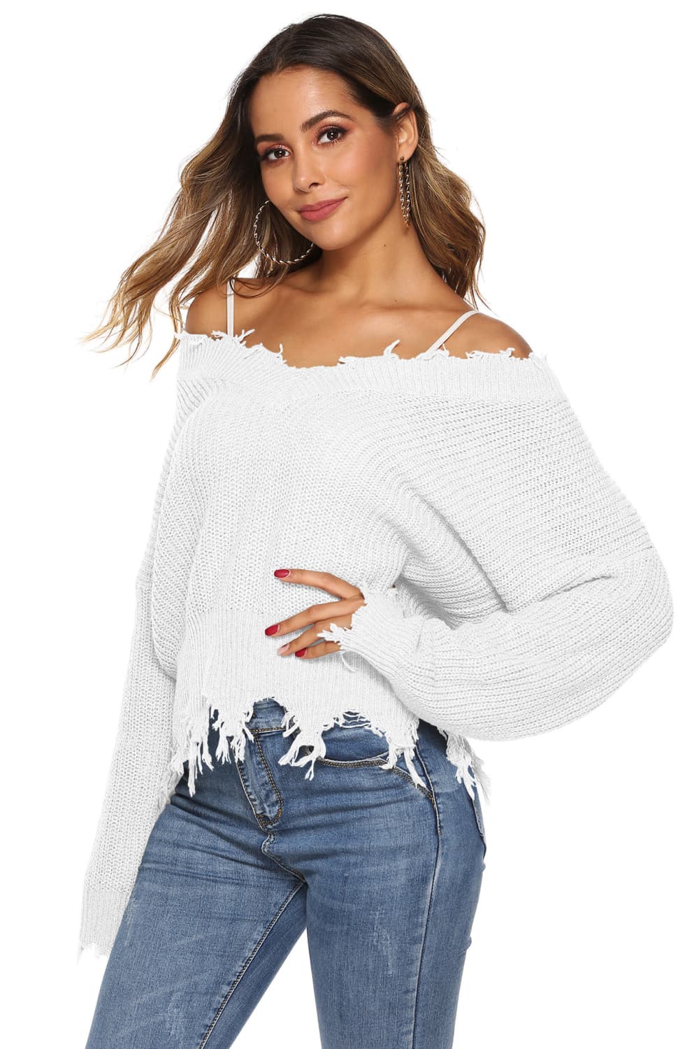 Get trendy with Off-Shoulder Ribbed Long Sleeve Raw Hem Sweater - Sweater available at Styles Code. Grab yours today!