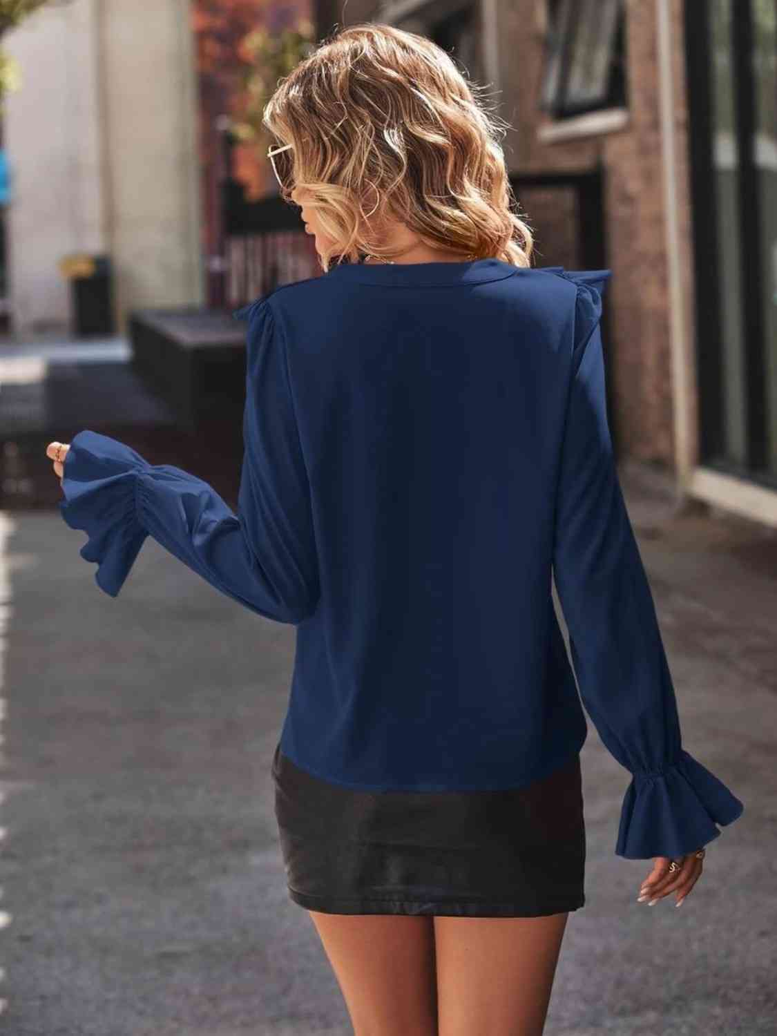 Get trendy with Ruffled V-Neck Flounce Sleeve Shirt - Shirt available at Styles Code. Grab yours today!