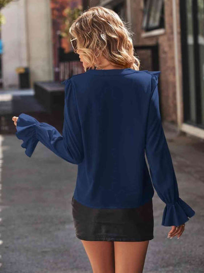 Get trendy with Ruffled V-Neck Flounce Sleeve Shirt - Shirt available at Styles Code. Grab yours today!