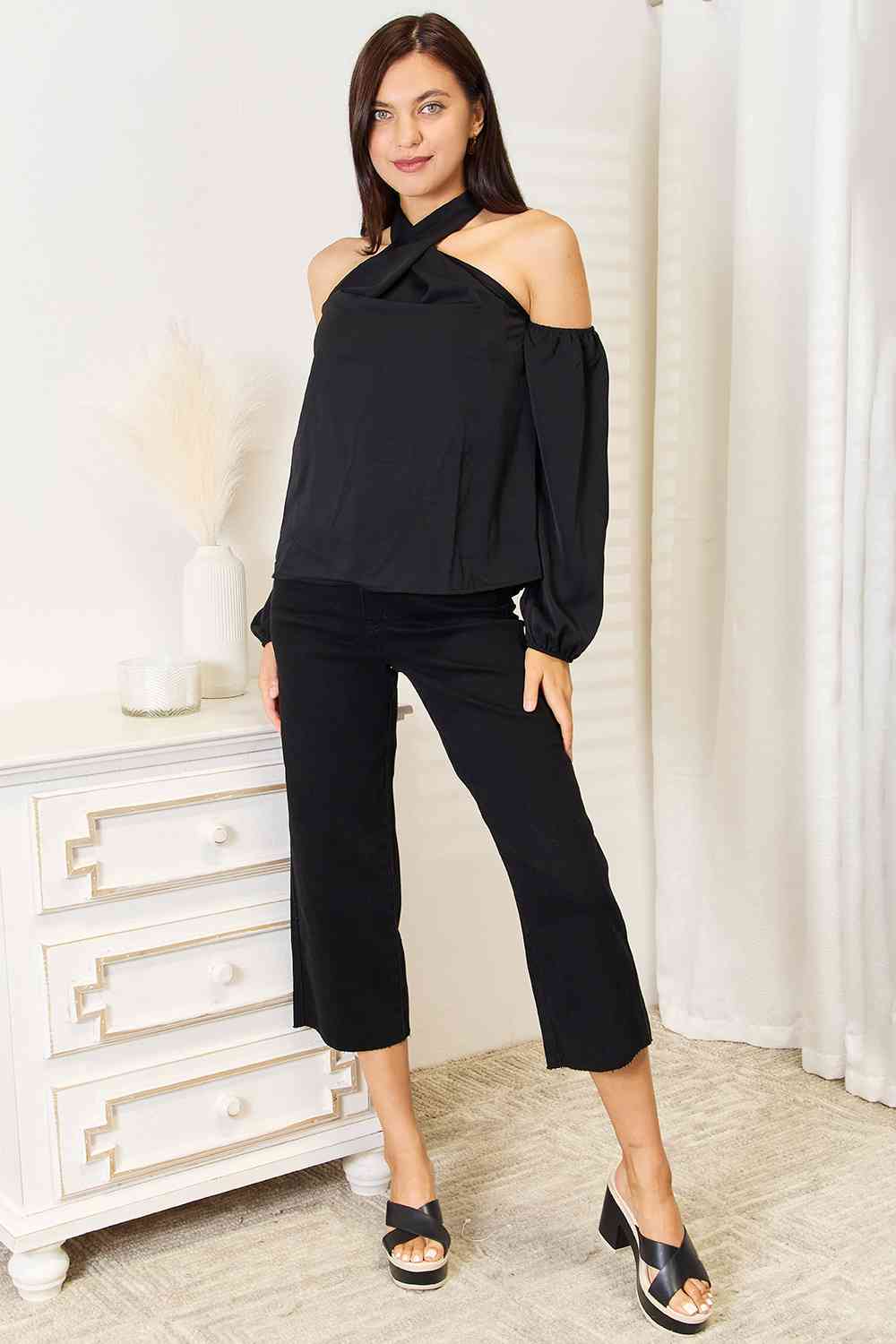 Get trendy with Grecian Cold Shoulder Long Sleeve Blouse - Blouse available at Styles Code. Grab yours today!