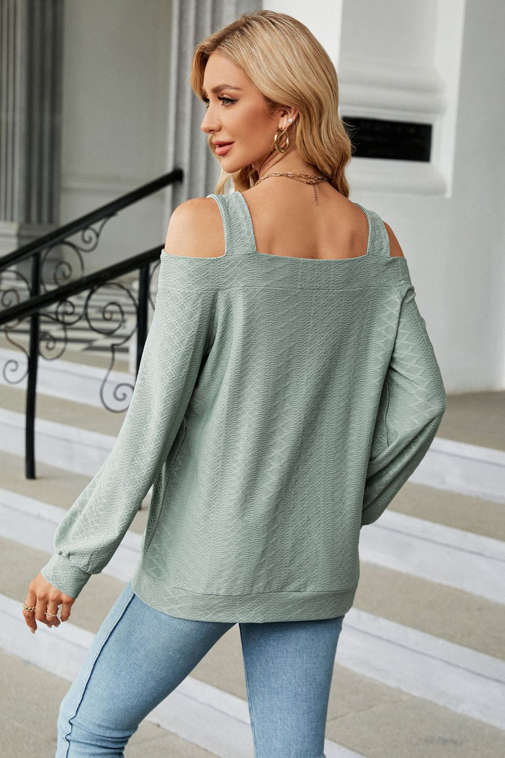 Get trendy with Cold Shoulder Square Neck Cutout Blouse - Tops available at Styles Code. Grab yours today!