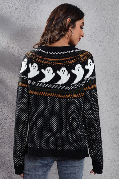 Get trendy with Ghost Pattern Round Neck Long Sleeve Sweater - Halloween Clothes available at Styles Code. Grab yours today!