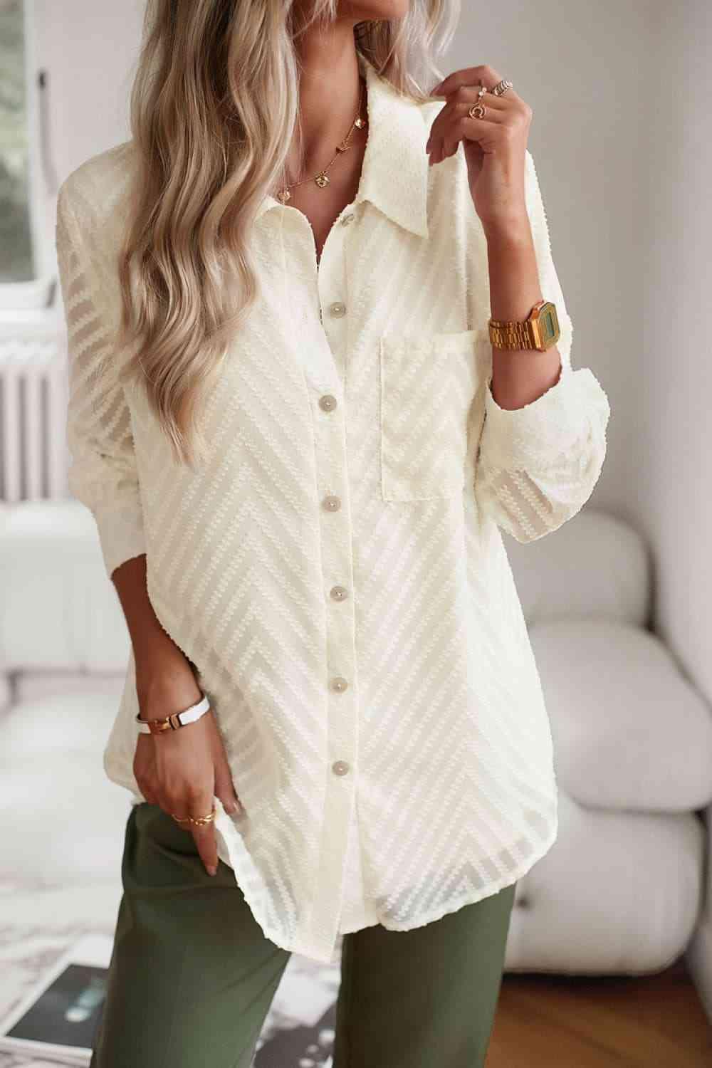 Get trendy with Collared Neck Long Sleeve Pocketed Shirt - Shirt available at Styles Code. Grab yours today!