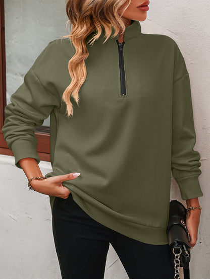 Get trendy with Zip-Up Dropped Shoulder Sweatshirt - Tops available at Styles Code. Grab yours today!