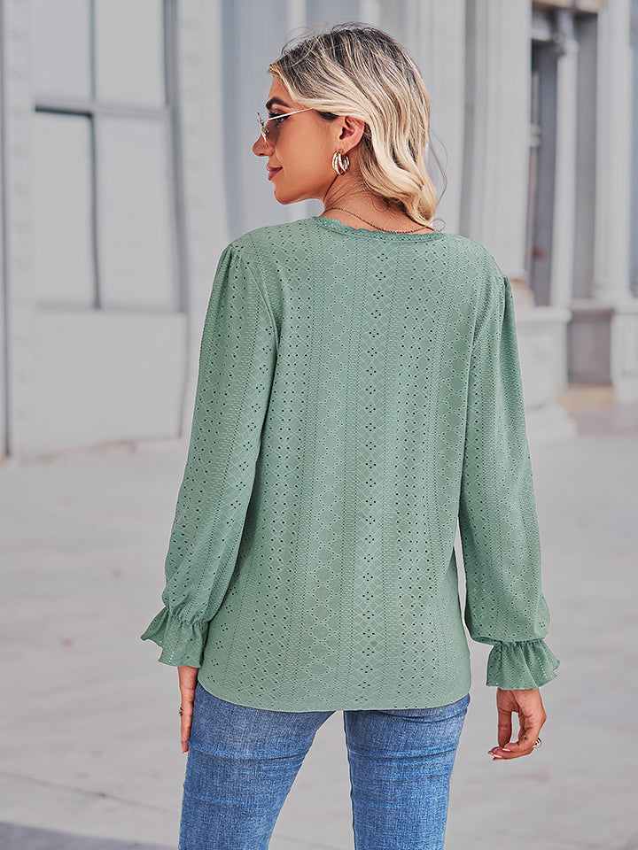 Get trendy with Eyelet V-Neck Flounce Sleeve Blouse - Tops available at Styles Code. Grab yours today!