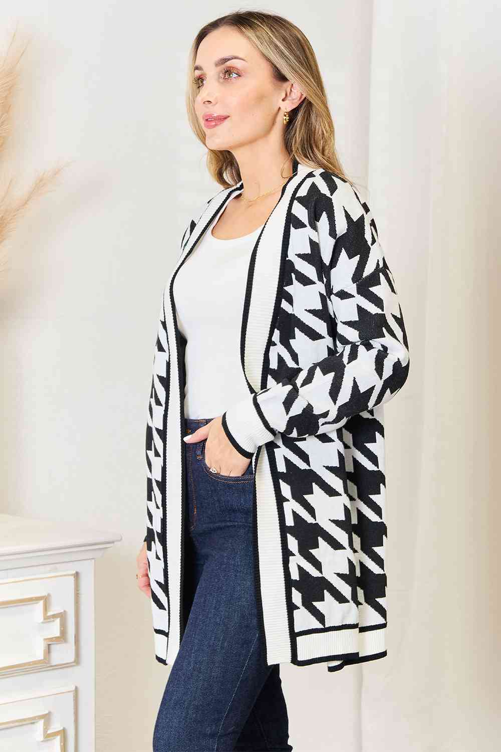 Get trendy with Woven Right Houndstooth Open Front Longline Cardigan - Cardigan available at Styles Code. Grab yours today!