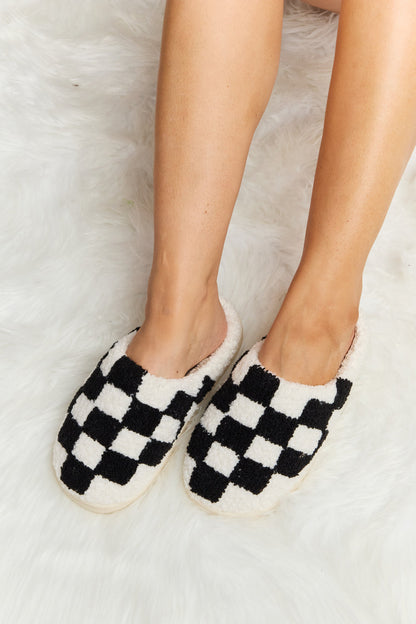 Get trendy with Melody Checkered Print Plush Slide Slippers - Shoes available at Styles Code. Grab yours today!