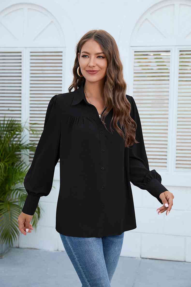 Get trendy with Puff Sleeve Collared Neck Shirt - Shirt available at Styles Code. Grab yours today!