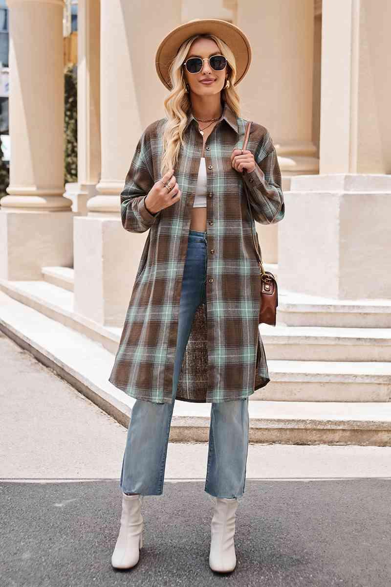 Get trendy with Plaid Collared Neck Long Sleeve Coat - Shirt available at Styles Code. Grab yours today!