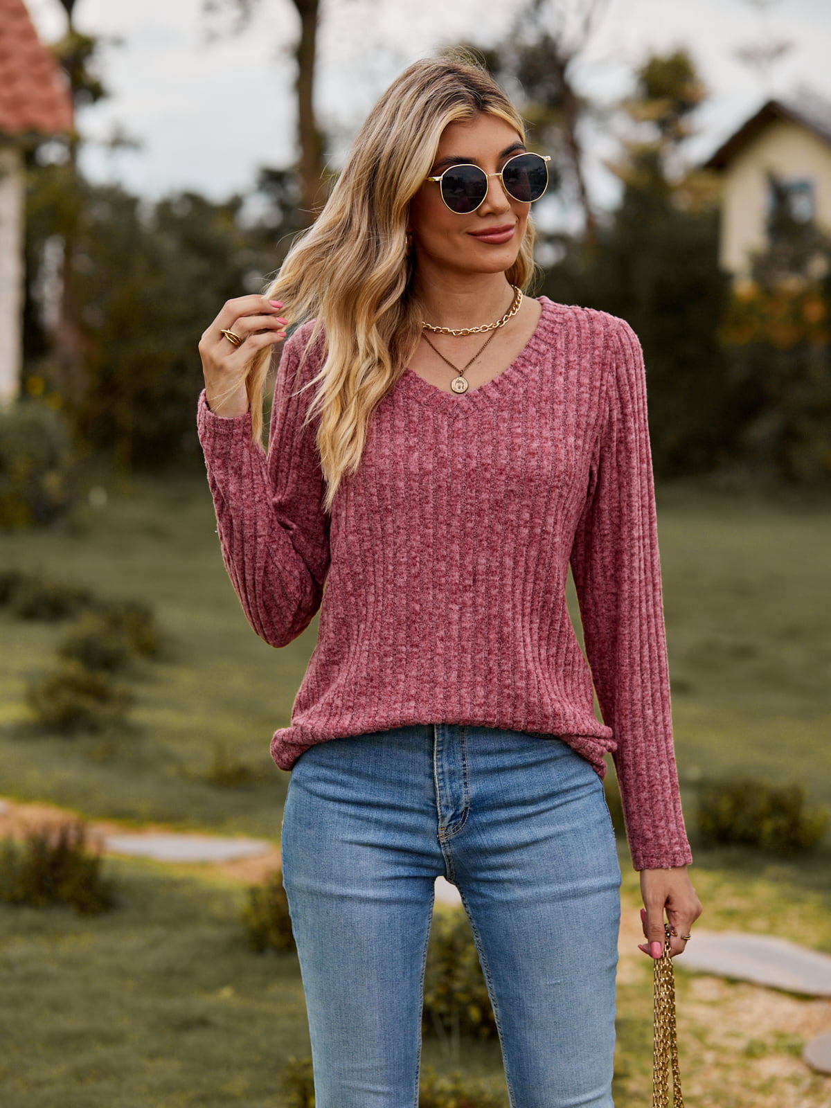 Get trendy with Ribbed V-Neck Long Sleeve Tee - Tops available at Styles Code. Grab yours today!