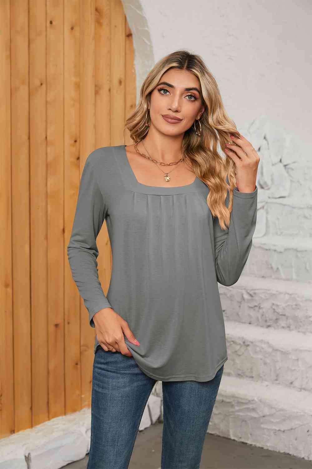 Get trendy with Square Neck Long Sleeve T-Shirt - T-Shirt available at Styles Code. Grab yours today!