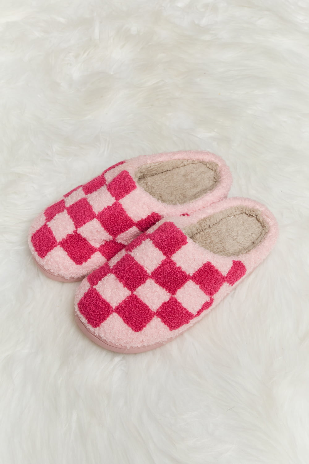 Get trendy with Melody Checkered Print Plush Slide Slippers - Shoes available at Styles Code. Grab yours today!