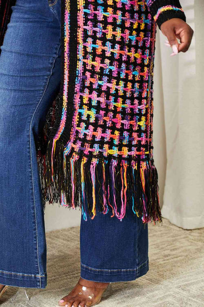 Get trendy with Double Take Full Size Multicolored Open Front Fringe Hem Cardigan - Cardigan available at Styles Code. Grab yours today!