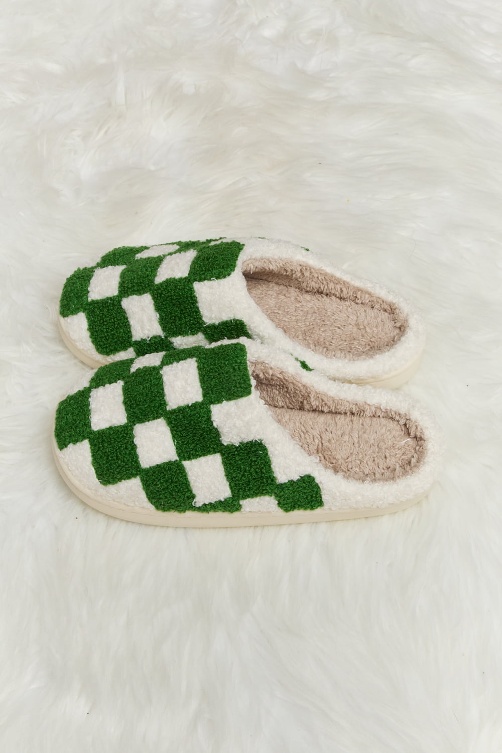 Get trendy with Melody Checkered Print Plush Slide Slippers - Shoes available at Styles Code. Grab yours today!