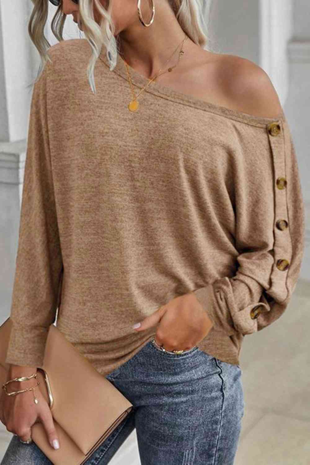 Get trendy with Boat Neck Buttoned Long Sleeve T-Shirt - T-Shirt available at Styles Code. Grab yours today!