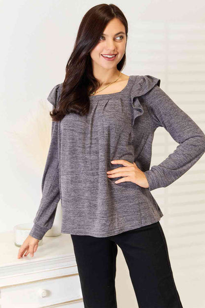 Get trendy with Square Neck Ruffle Shoulder T-Shirt - T-Shirt available at Styles Code. Grab yours today!