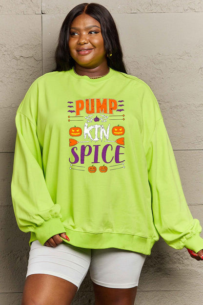 Get trendy with Simply Love Full Size PUMPKIN SPICE Graphic Sweatshirt - Halloween Clothes available at Styles Code. Grab yours today!