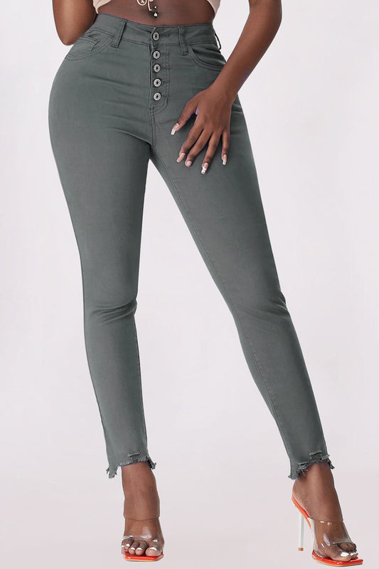 Get trendy with Baeful Button Fly Hem Detail Skinny Jeans - Jeans available at Styles Code. Grab yours today!