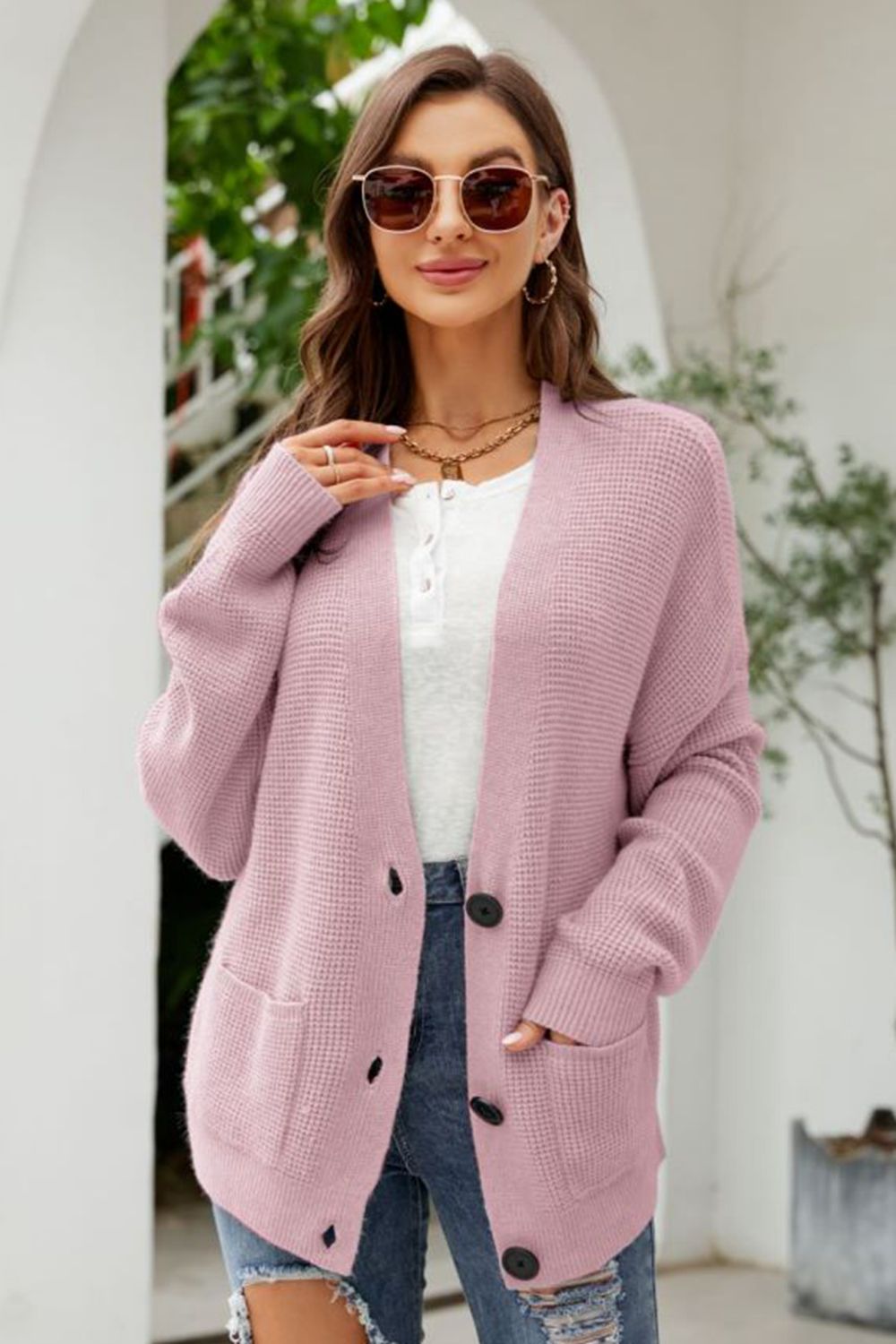 Get trendy with Waffle-Knit Dropped Shoulder Cardigan - Cardigans available at Styles Code. Grab yours today!