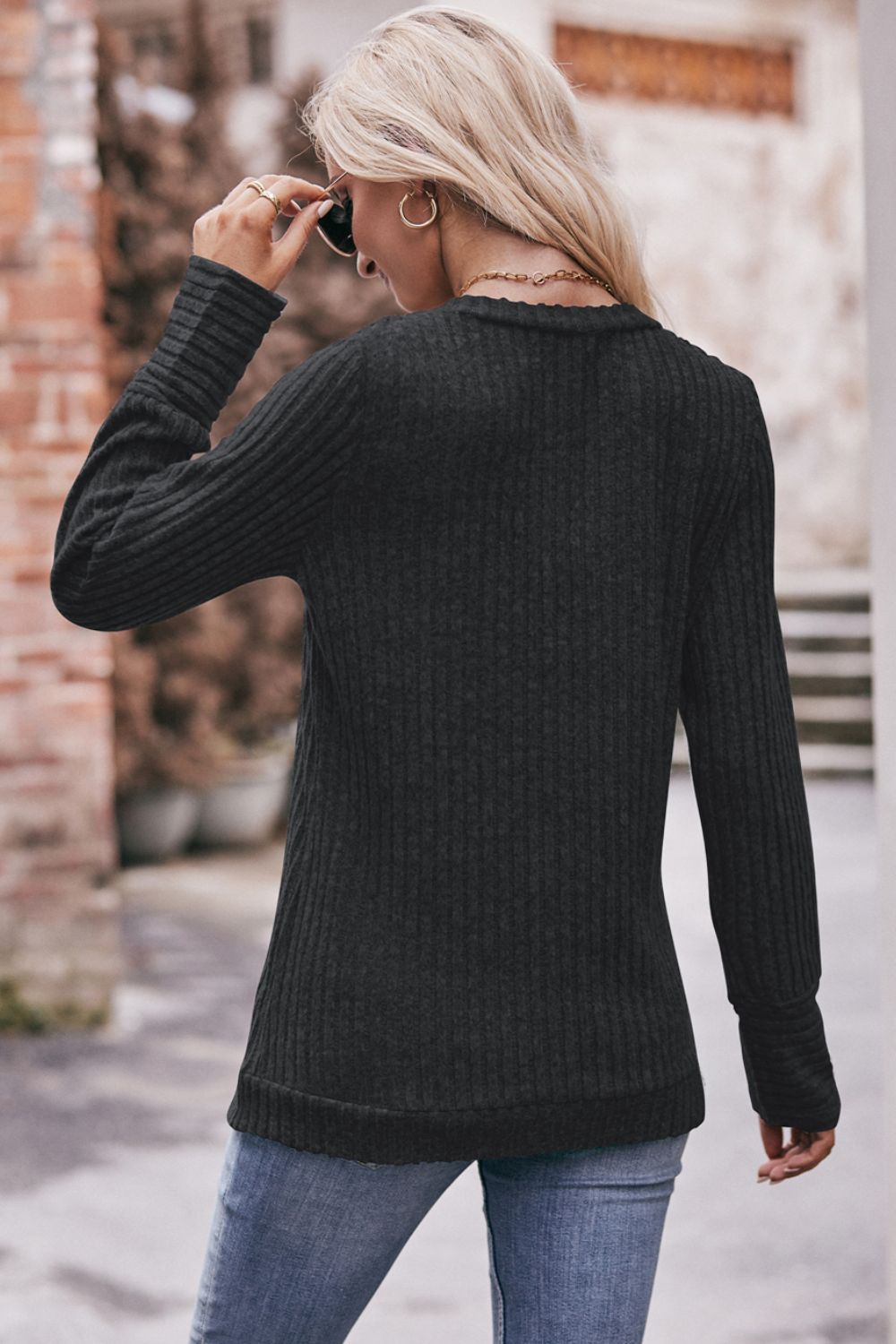 Get trendy with Double Take V-Neck Long Sleeve Ribbed Top - Tops available at Styles Code. Grab yours today!