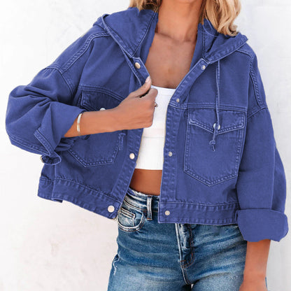 Get trendy with Hooded Dropped Shoulder Denim Jacket - Jackets available at Styles Code. Grab yours today!