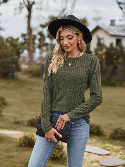 Get trendy with Ribbed Round Neck Long Sleeve Tee - T-Shirt available at Styles Code. Grab yours today!