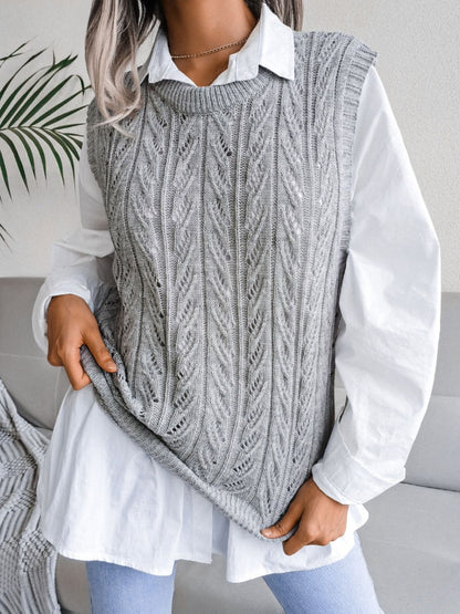 Get trendy with Round Neck Openwork Capped Sleeve Sweater Vest - Vests available at Styles Code. Grab yours today!