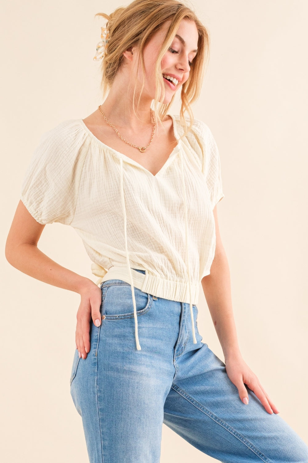 Get trendy with And The Why Back Waist Tie Cropped Blouse - Blouse available at Styles Code. Grab yours today!