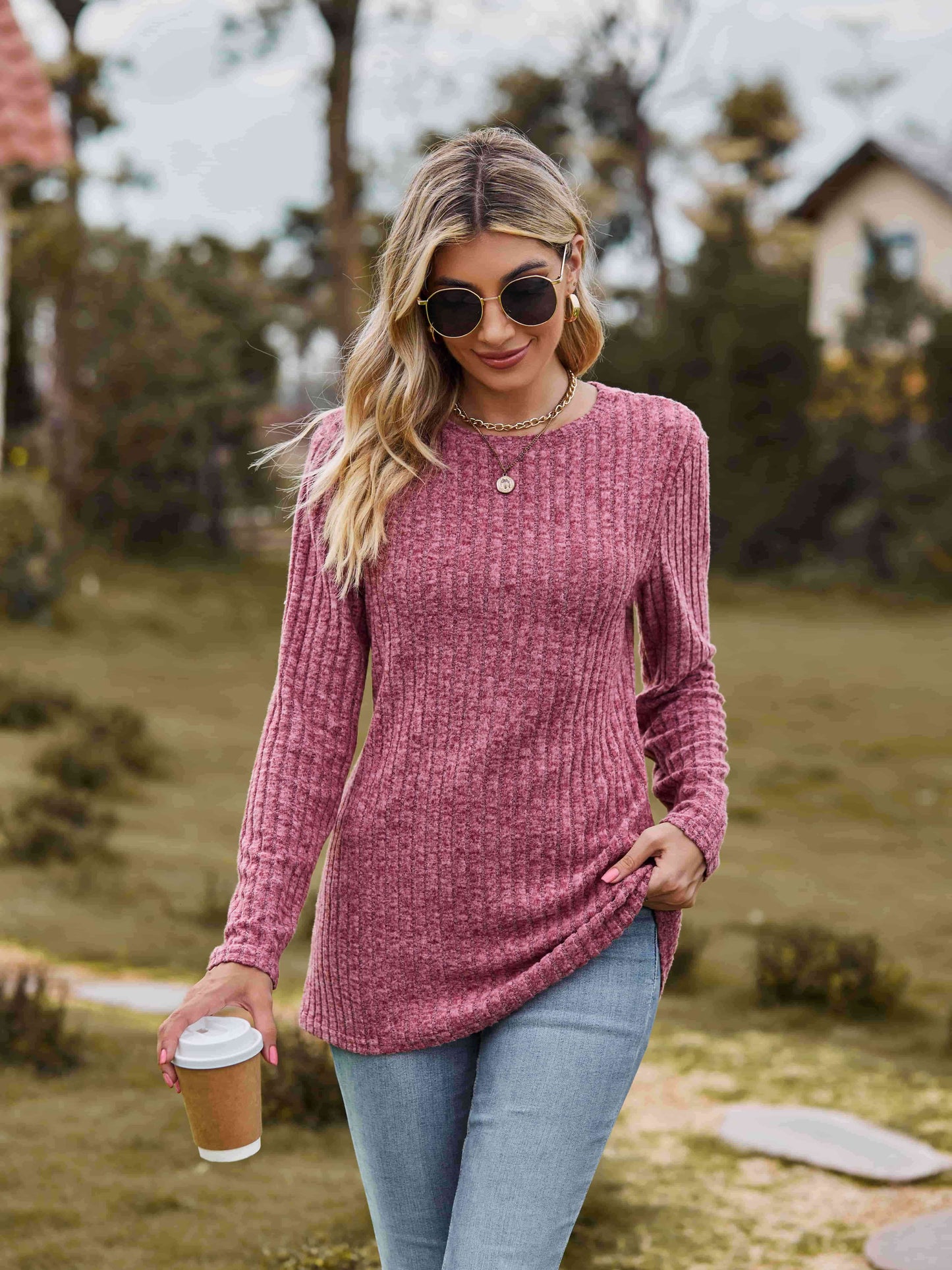 Get trendy with Ribbed Round Neck Long Sleeve Tee - T-Shirt available at Styles Code. Grab yours today!