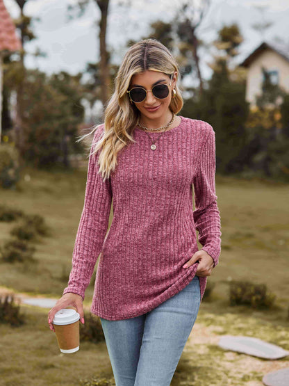 Get trendy with Ribbed Round Neck Long Sleeve Tee - T-Shirt available at Styles Code. Grab yours today!