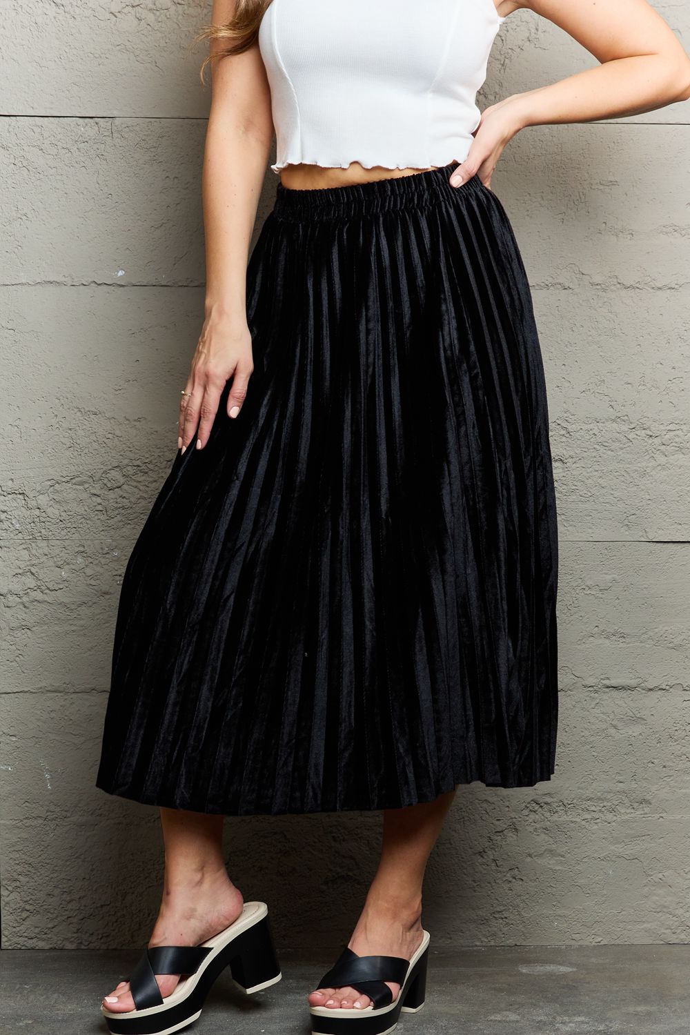 Get trendy with Ninexis Accordion Pleated Flowy Midi Skirt -  available at Styles Code. Grab yours today!