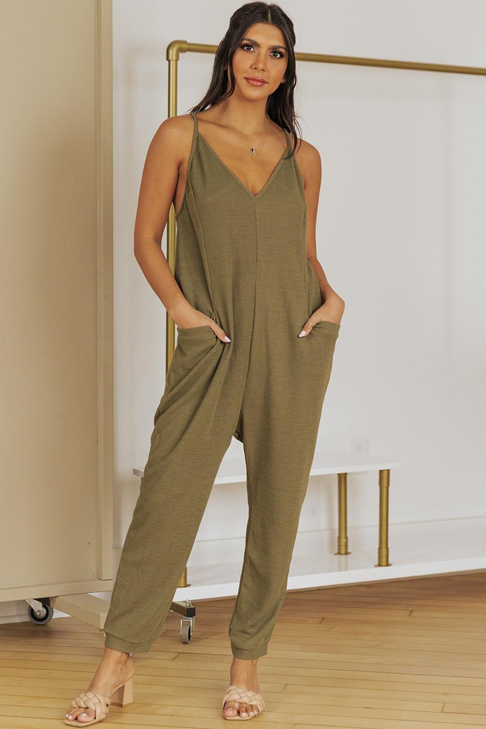 Get trendy with Spaghetti Strap Deep V Jumpsuit with Pockets - Jumpsuits available at Styles Code. Grab yours today!