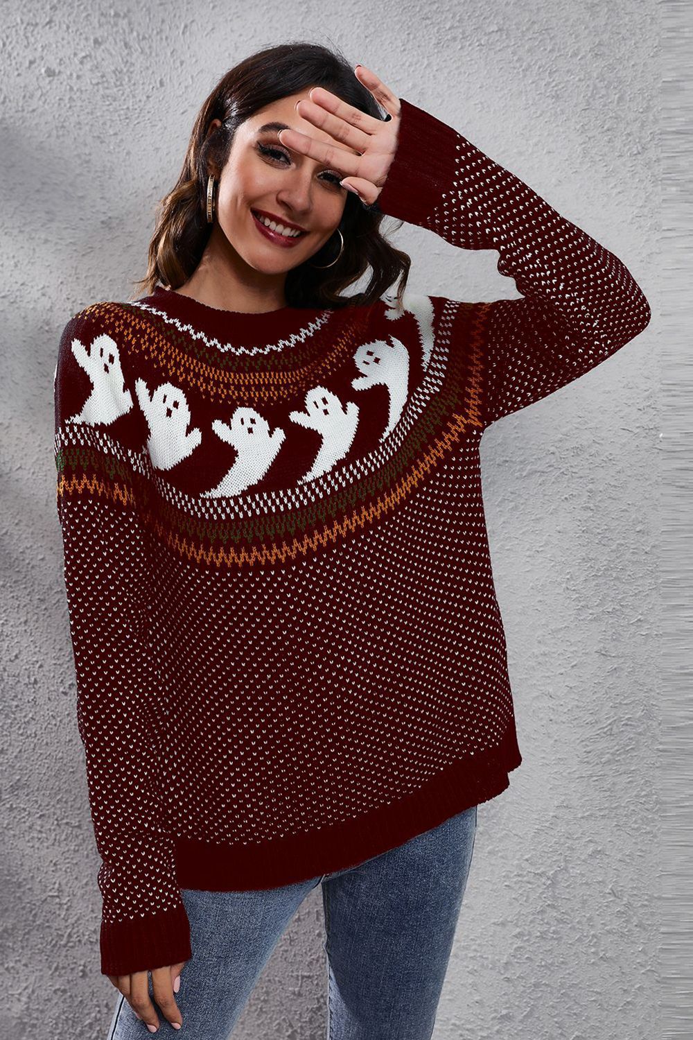 Get trendy with Ghost Pattern Round Neck Long Sleeve Sweater - Halloween Clothes available at Styles Code. Grab yours today!