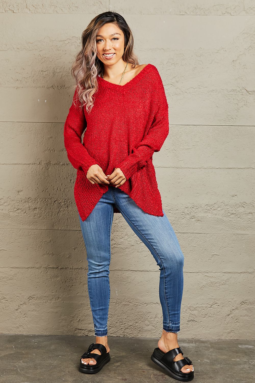 Get trendy with Heimish By The Fire Full Size Draped Detail Knit Sweater - Luxe available at Styles Code. Grab yours today!