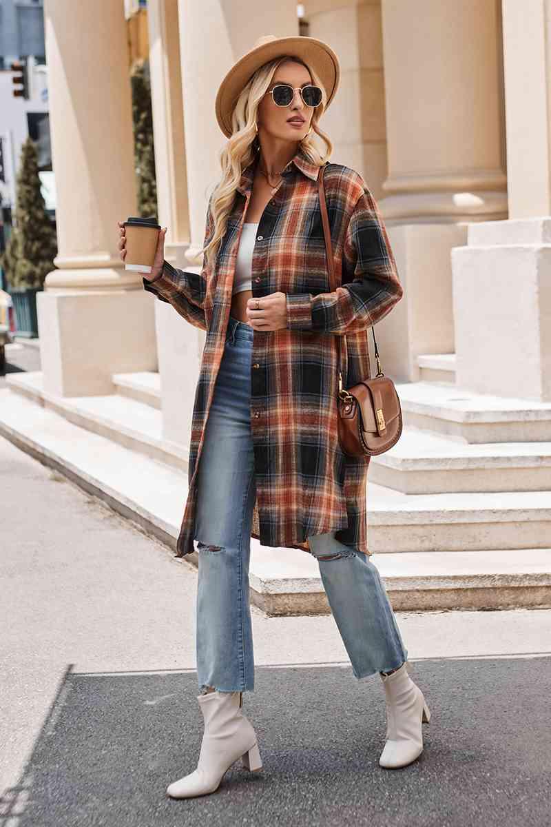 Get trendy with Plaid Collared Neck Long Sleeve Coat - Shirt available at Styles Code. Grab yours today!