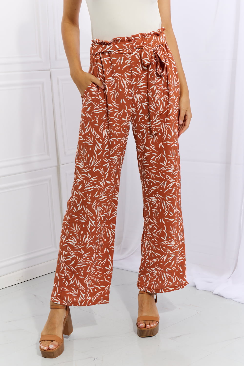 Get trendy with Heimish Right Angle Full Size Geometric Printed Pants in Red Orange - Luxe available at Styles Code. Grab yours today!